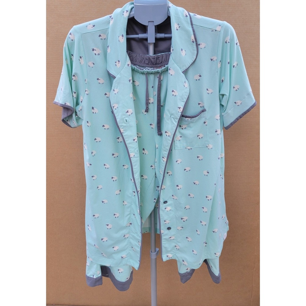 Munki Munki Sheep Print Pajama Set Mint Green Grey Trim XXL Short Sleeve Crop